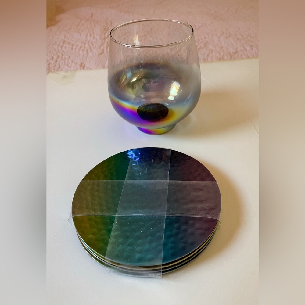 A set of 4 Round Hammered Rainbow Coasters and a matching rainbow glass …